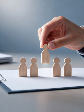 Hand selecting a wooden person figure from a group on a clipboard selection recruitment