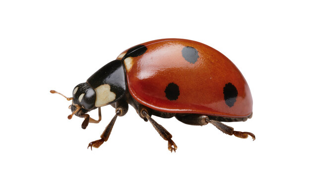 Isolated vibrant red ladybug with black spots, viewed from the side, a common beneficial garden insect.