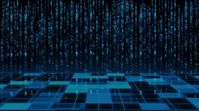 Digital binary code matrix falling onto a futuristic grid floor. 
