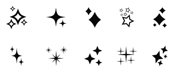 Fototapeta premium Sparkle and Star Icons Set Vector Glow Shine Effects Symbols. Various shapes and sizes starbursts glitters for effect. Celebration, magic, shine, highlight. 