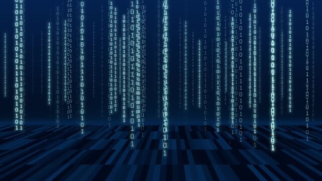 Falling binary code streams over geometric floor. Abstract falling binary code streams for data mainframe processing. Tech falling binary code streams on dark background.