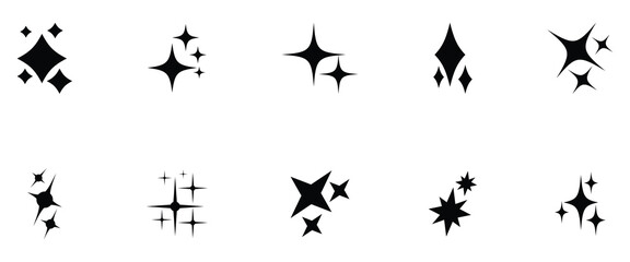 Fototapeta premium A set of ten various black starburst shapes and sparkles on a clean white background, ideal for use in graphic design, digital art, and creative projects. eps10.