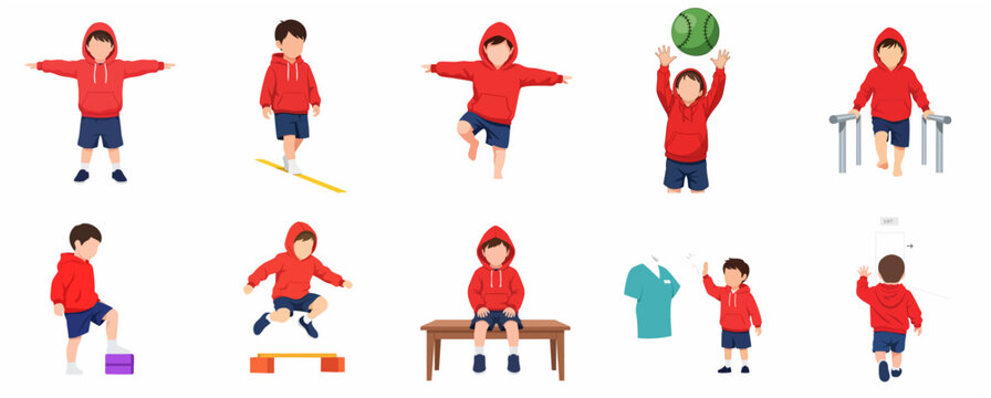 Child physical therapy and occupational therapy exercises set. Vector illustrations of a boy performing gross motor skill activities, balancing, jumping, and walking.