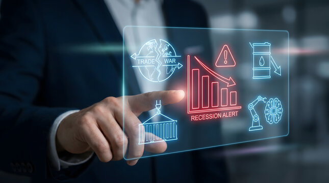 Professional touching a digital display showing a financial recession warning graph with global economic trade symbols and industrial decline metrics