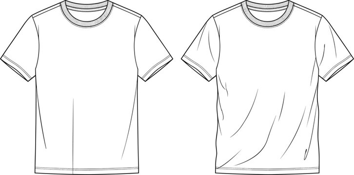 Technical flat sketch of blank crewneck t-shirts in straight and relaxed fit for fashion apparel design templates.