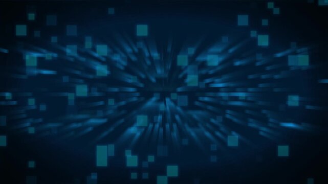 Abstract blue digital squares exploding outward with light streaks. Dynamic abstract blue digital squares exploding outward for tech intro. Modern abstract blue digital squares exploding outward.