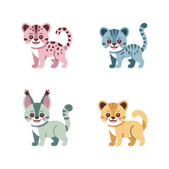 Fototapeta premium Wild Cat Cubs, Leopard Tiger Lynx Panther Characters With Spots And Stripes, Flat Colors, Sticker Pack, Icon Set, Clipart Collection