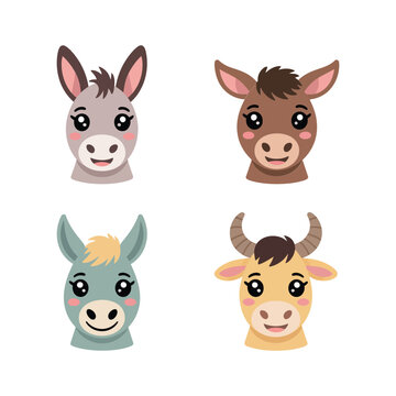 Ranch Animal Portraits, Donkey Horse Goat Bull Faces, Soft Pastel Palette, Cute Flat Style, Sticker Pack, Icon Set, Clipart Collection