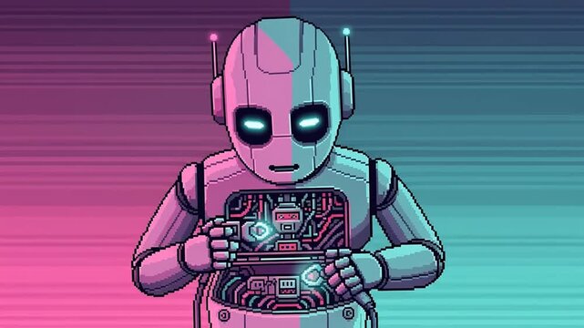 Robot holds circuit board with glowing eyes. Pastel gradients swirl behind the figure. Digital retro style with neon hues. Future tech meets vintage gaming aesthetic. Ideal for tech, gaming
