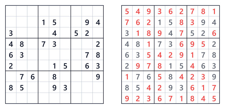 Classic Sudoku puzzle with answers displayed, featuring a hard level grid on the left and completed solution on the right, showcasing numbers in a structured layout