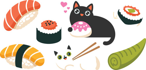 “Cute cartoon cats with sushi rolls, nigiri, wasabi, and playful donut interaction in colorful whimsical vector illustration design” © Yesrath Hasan Sobuj