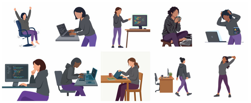 Women software developers collection, female programmers working on laptops, debugging code, and celebrating success vector illustrations