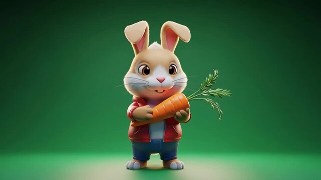 Cute bunny wears red jacket and holds carrot. Bright green background highlights the cheerful character. Bunny smiles, showing happiness and playful energy. Ideal for children's content