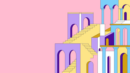 Obraz premium Colorful abstract architectural elements with arches and stairs on pink background, vector graphic
