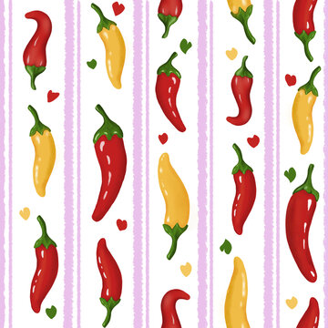 Chili pepper seamless pattern with pink stripes, hand-drawn naive folk art hot peppers and hearts background, illustration