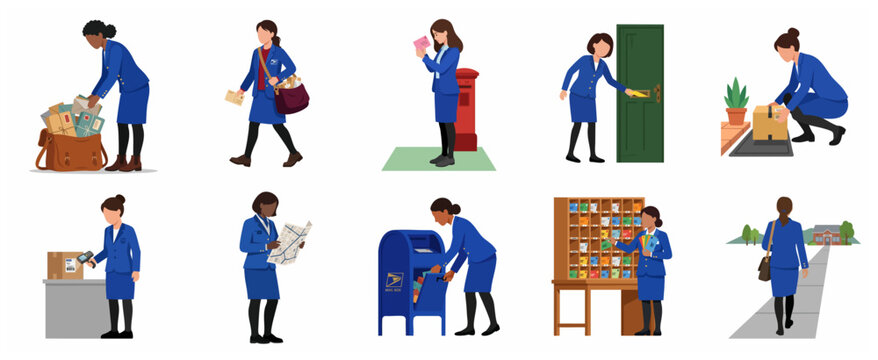 Female postal workers delivering mail and packages set of vector illustrations