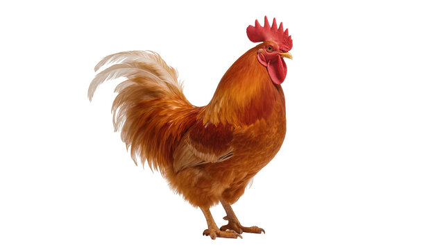 Isolated vibrant brown rooster with majestic red comb and tail feathers, farm animal poultry