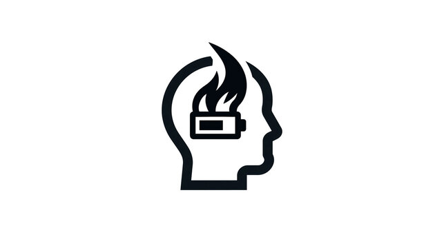 Burnout concept with head and battery icon showing emotional depletion isolated on white background clean centered