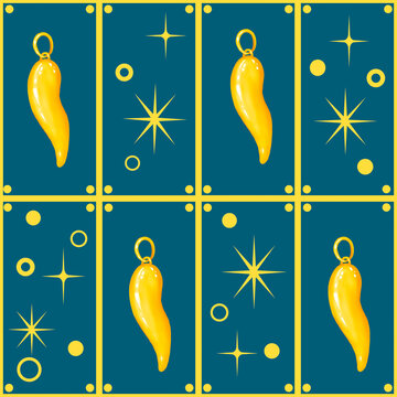 Golden cornicello amulet geometric seamless pattern, Italian lucky charm tile design with stars on blue background.