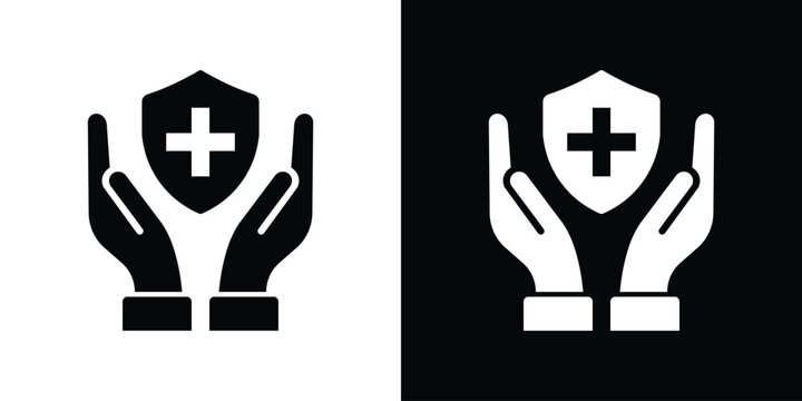 Medical care hands icon. Two open hands holding a medical cross circle symbol. Healthcare assistance and insurance concept vector graphic.