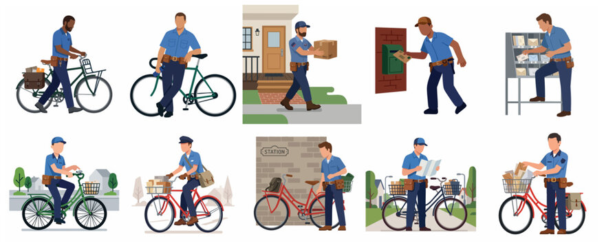 Collection of professional postman characters delivering mail and packages by foot and bicycle. Set of postal service worker vector illustrations in various delivery scenarios.