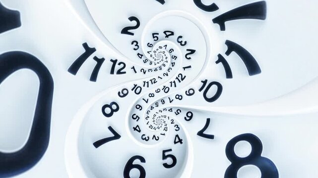 Seamless Loop White Spiral Clock Animation, Infinite Time Tunnel Abstract Background