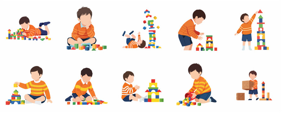 Set of little boy character playing with colorful building blocks in various poses. Preschooler child learning through play and early education concept flat vector illustration.