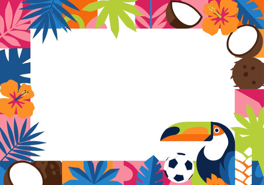 Tropical border with toucan, soccer ball, and coconuts