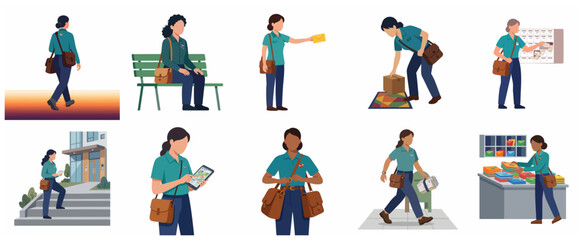 Fototapeta premium Set of Female Postal Workers and Mail Carriers Delivering Letters and Packages in Flat Vector Illustration Style