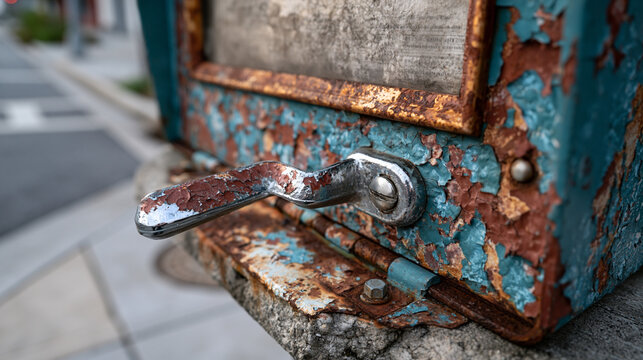Coin-operated newspaper box weathered fiberglass housing, cracked dispenser handle chrome peeling, faded masthead window scratched opaque, chipped base plate bolted to cracked sidewalk, damp morning