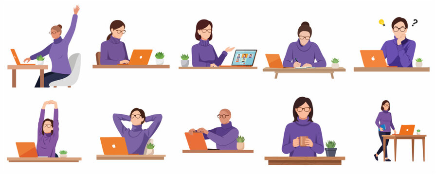 Collection of flat vector characters working from home with laptop in various poses and activities