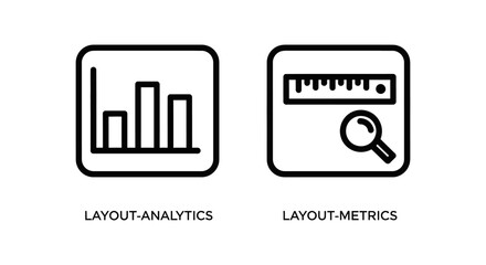Fototapeta premium Layout analytics and layout metrics line art icons for web and data analysis with analytics magnifying analysis statistics measurement business development interface optimization