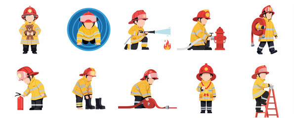 Fototapeta premium Set of firefighter children characters in yellow uniform performing various rescue duties, flat vector illustration