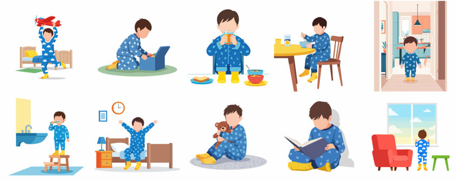 Vector illustrations of a little boy's daily morning routine at home in blue pajamas.