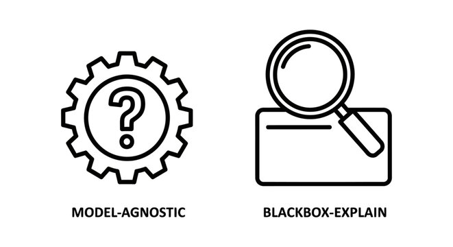 Model agnostic and blackbox explainability concept icons for machine learning with agnostic blackbox explainable artificial intelligence learning question magnifying analysis