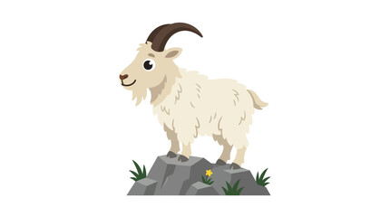 Fototapeta premium Fluffy white mountain goat standing on a rock.