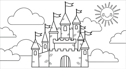 Naklejka premium Castle coloring book page intricate fairytale illustration for kids and adults printable activity