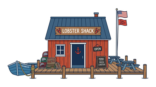 Rustic lobster shack on a pier with American flag.