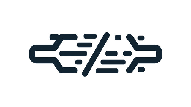 Minimalist code symbol with angle brackets and logic lines, technology icon on white background in high contrast
