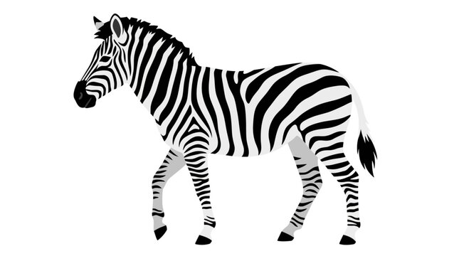 Striped zebra walking side view on white background.