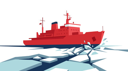 Red icebreaker ship sailing through frozen arctic sea ice. © Noemi