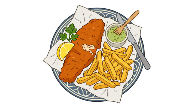 Traditional British fish and chips with lemon and dip.