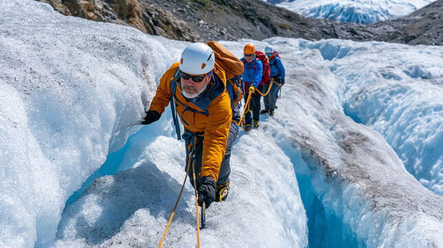 Glacier hikers roped together navigating a crevasse field on a temperate glacier, guide probing ahead with a pole, the deep blue walls of a partially collapsed snow bridge visible nearby, technical 