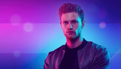 Fototapeta premium Young Man With Intense Expression in Vibrant Neon Light Background