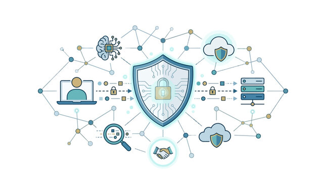 Flat lay illustration of a shield surrounded by cybersecurity icons and network connections on a white background with a calming blue and grey color palette.