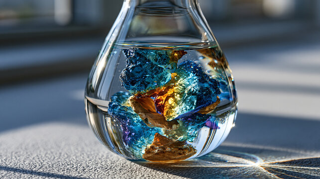 Micro-filtered mineral water in laboratory flask showing suspended total dissolved solids under polarized macro light, crystal mineral particulates refracting into spectral micro-prisms within optic