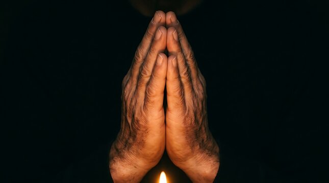 Close up of hands folded in prayer with warm candlelight glow