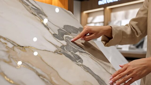 Examining Elegant Swirling Veining Patterns in a Luxurious Stone Slab With Golden Accents