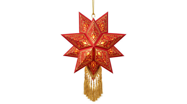Red and gold star lantern isolated on transparent background