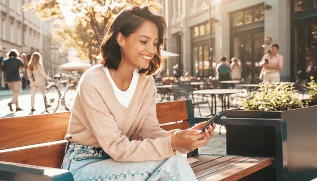 Cheerful woman sitting on park bench using smartphone in urban outdoor setting